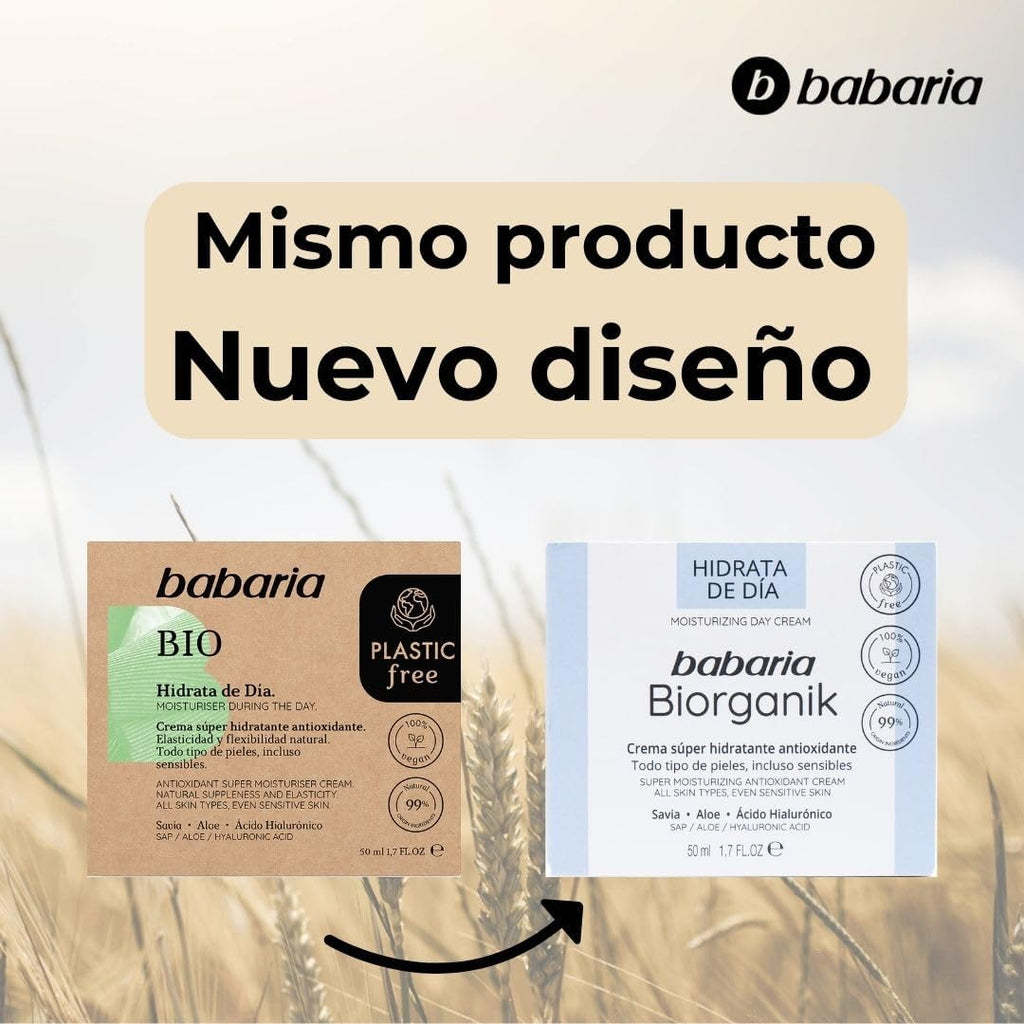 Babaria - Crema De Dia Biorganik 50 Ml | Crema Hidratante Facial | Crema Facial Mujeres Y Hombres | Antiarrugas Y Antioxidante | Vegana Y Plastic Free | Textura Ligera | Ingredientes Naturales