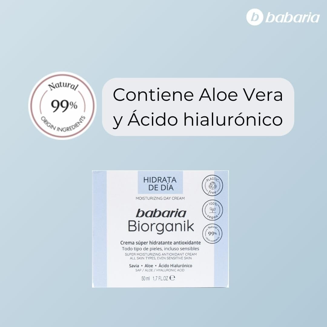Babaria - Crema De Dia Biorganik 50 Ml | Crema Hidratante Facial | Crema Facial Mujeres Y Hombres | Antiarrugas Y Antioxidante | Vegana Y Plastic Free | Textura Ligera | Ingredientes Naturales