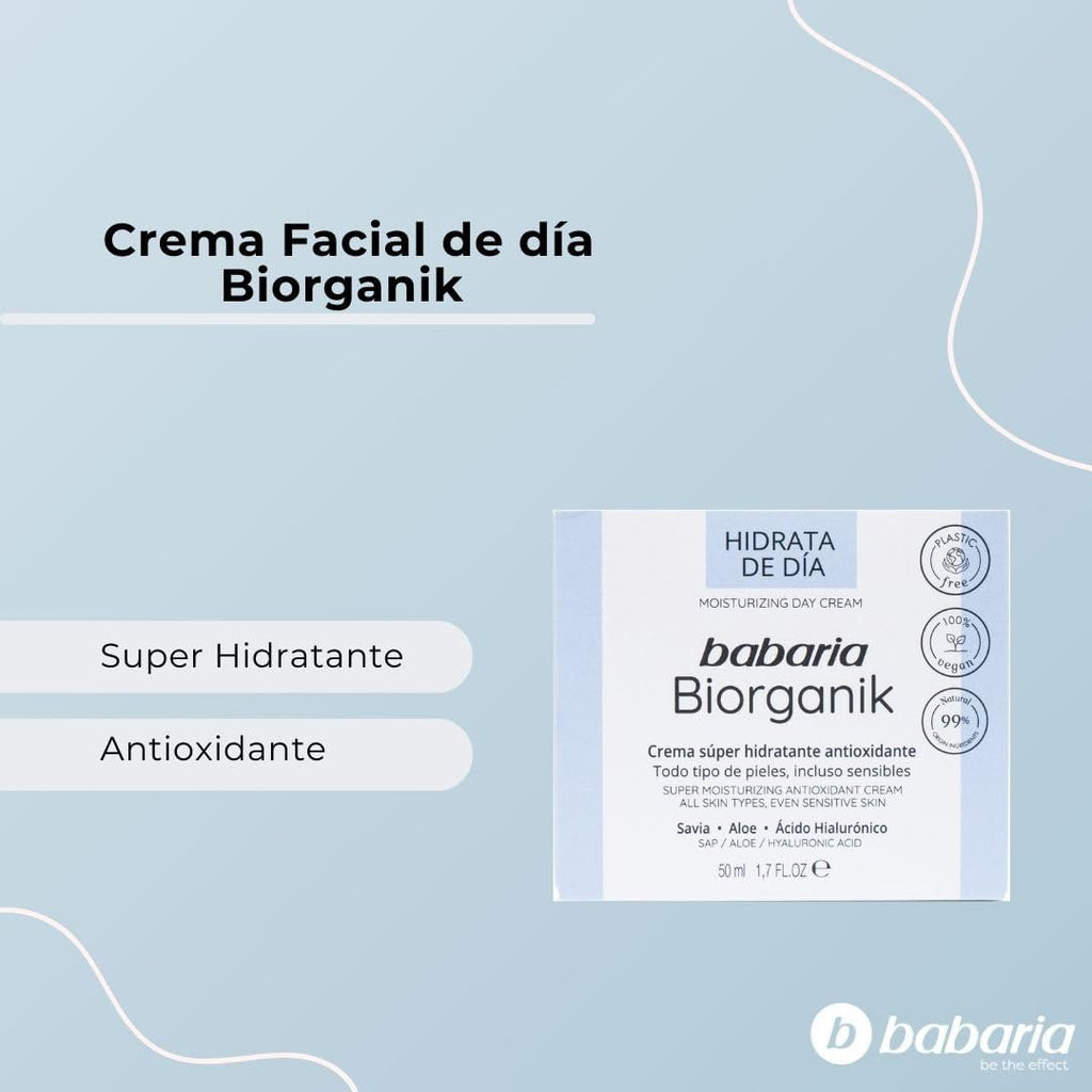 Babaria - Crema De Dia Biorganik 50 Ml | Crema Hidratante Facial | Crema Facial Mujeres Y Hombres | Antiarrugas Y Antioxidante | Vegana Y Plastic Free | Textura Ligera | Ingredientes Naturales