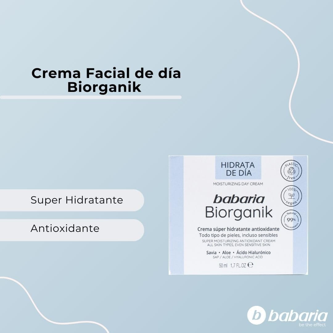 Babaria - Crema De Dia Biorganik 50 Ml | Crema Hidratante Facial | Crema Facial Mujeres Y Hombres | Antiarrugas Y Antioxidante | Vegana Y Plastic Free | Textura Ligera | Ingredientes Naturales