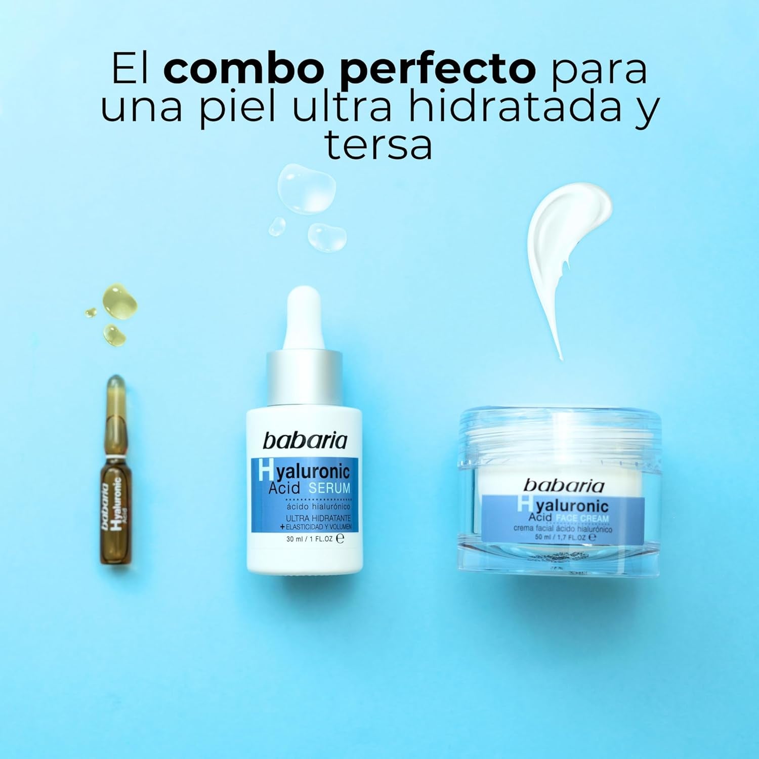 Babaria - Pack Cremas Mujer Regalo | Crema Hidratante Cara Acido Hialuronico | Crema Cara 50Ml, Serum Facial Mujer 30 Ml Y Una Ampolla 2Ml | Hidratante Facial | Crema De Día Y Noche