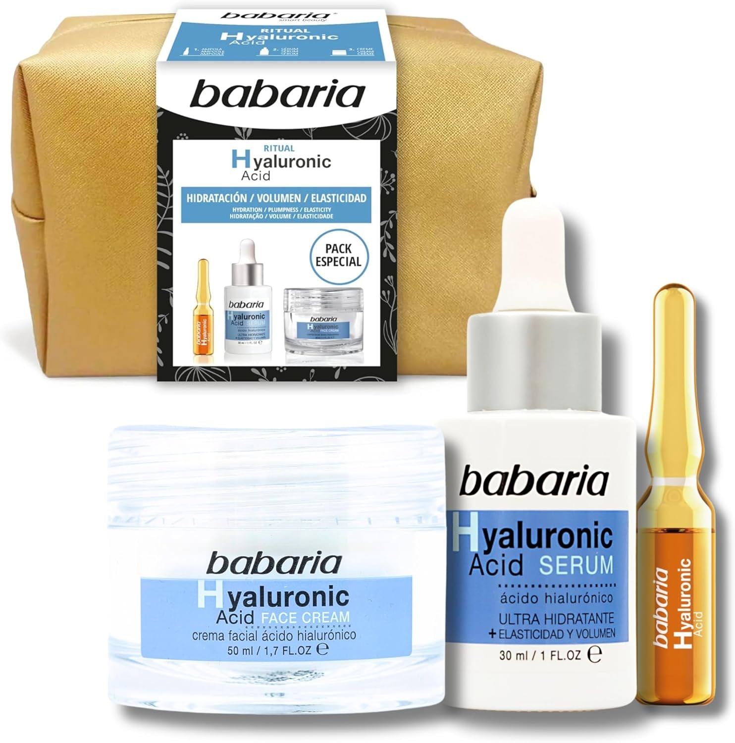 Babaria - Pack Cremas Mujer Regalo | Crema Hidratante Cara Acido Hialuronico | Crema Cara 50Ml, Serum Facial Mujer 30 Ml Y Una Ampolla 2Ml | Hidratante Facial | Crema De Día Y Noche